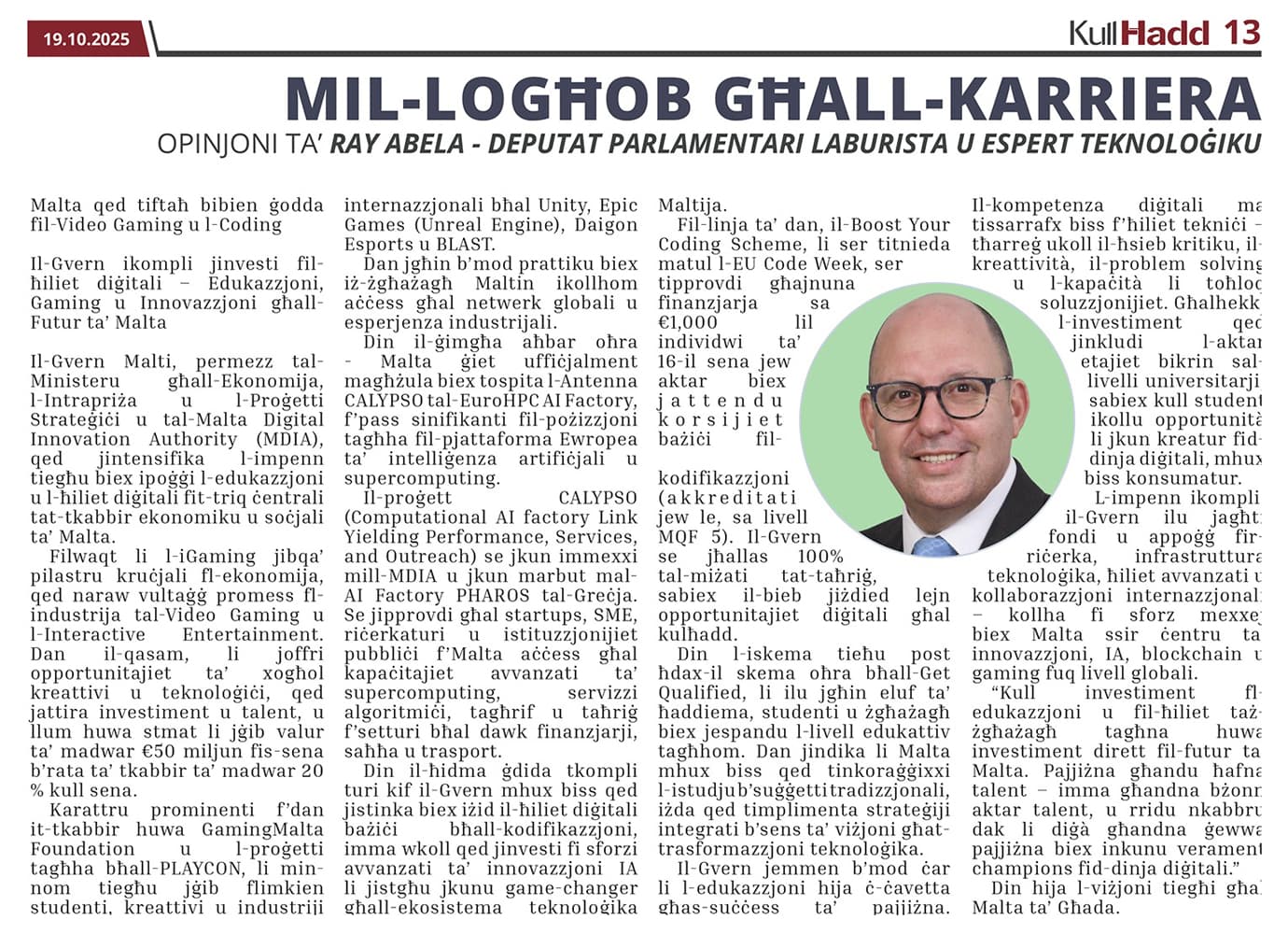 Ray Abela — article excerpt, Kullħadd, October 19, 2025